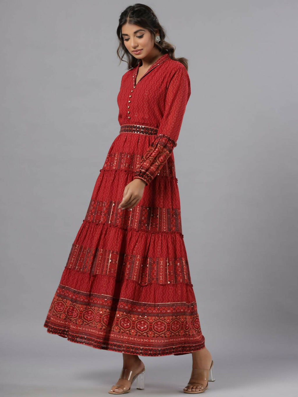 Juniper Women Rust Georgette Printed Tiered Maxi Dress