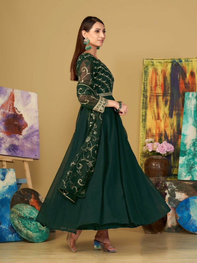 Jyoti Fashion Women's Bottle Green Georgette Embroidered Anarkali Kurta Pant Set With Dupatta