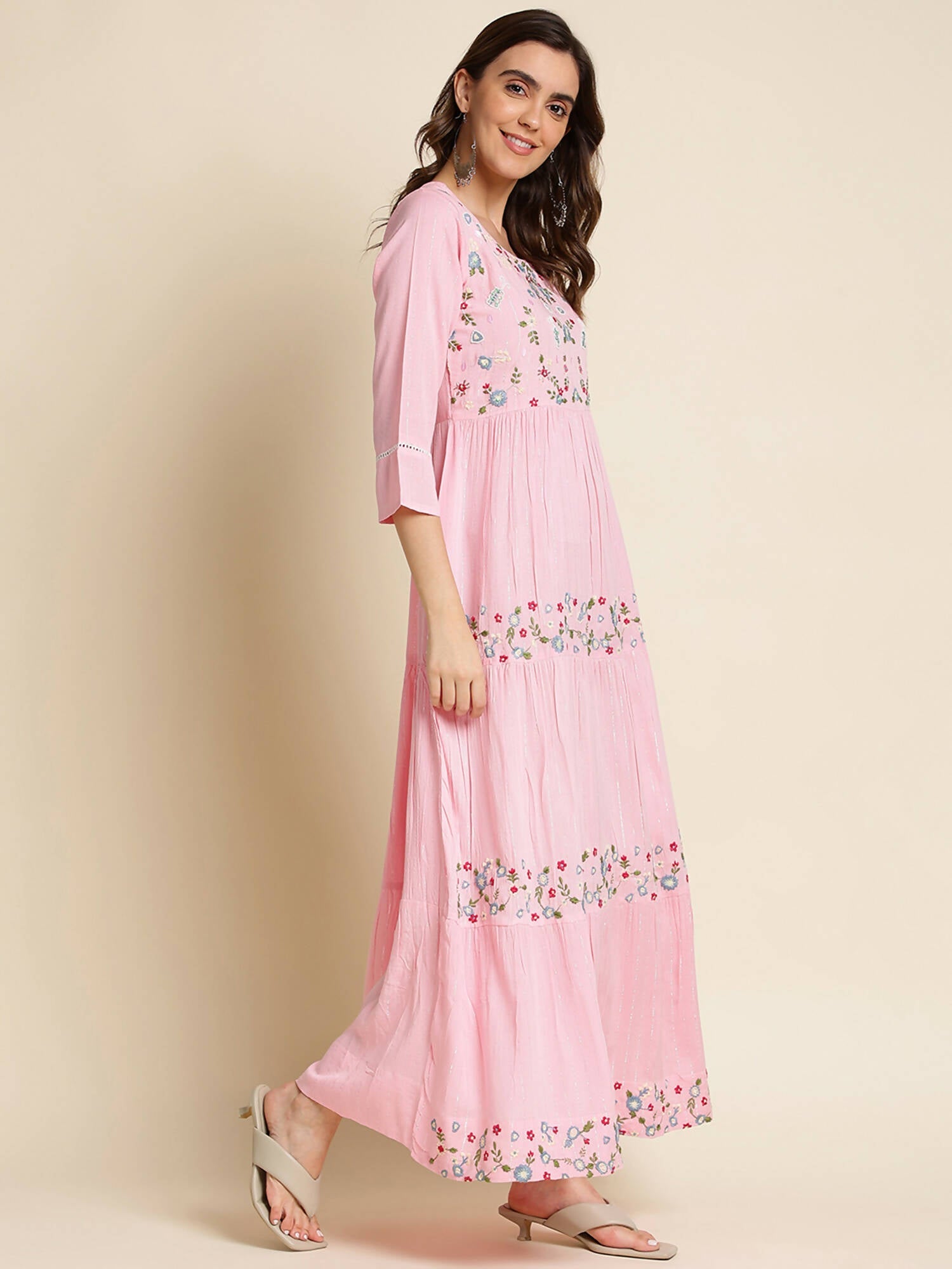 Pink Chinon Floral Embroidered Dress - Nandani