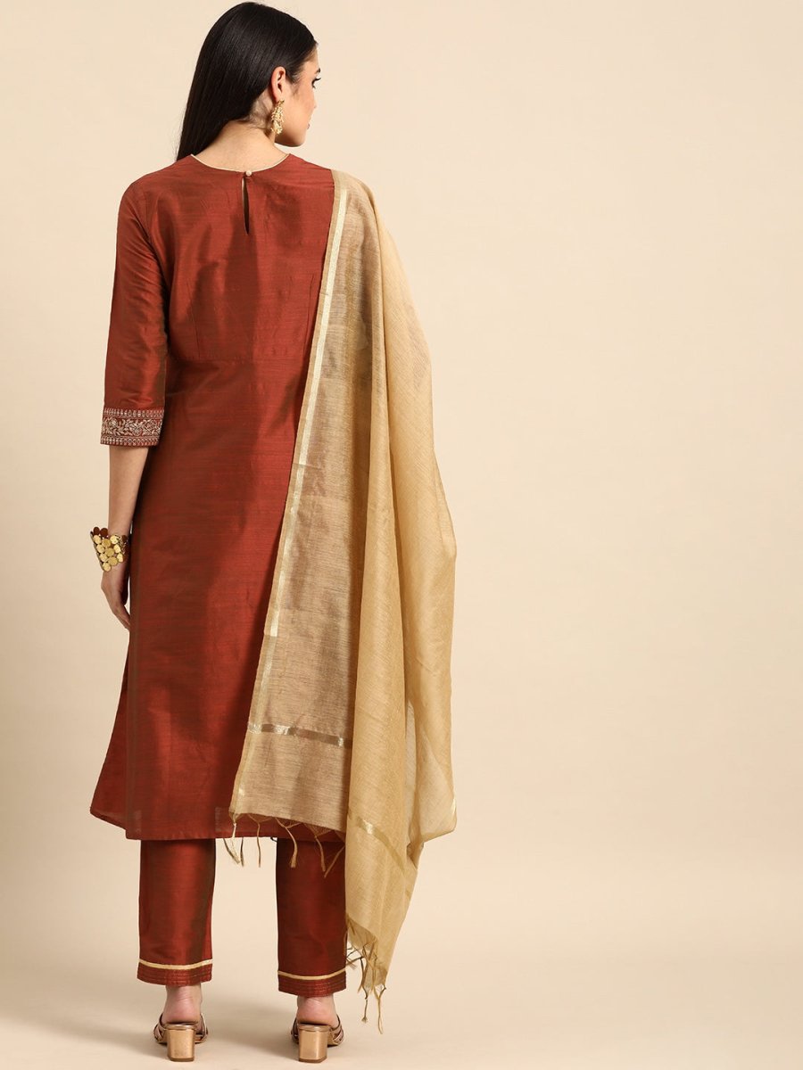 All About You Women Rust Embroidered Kurta with Trousers & Dupatta