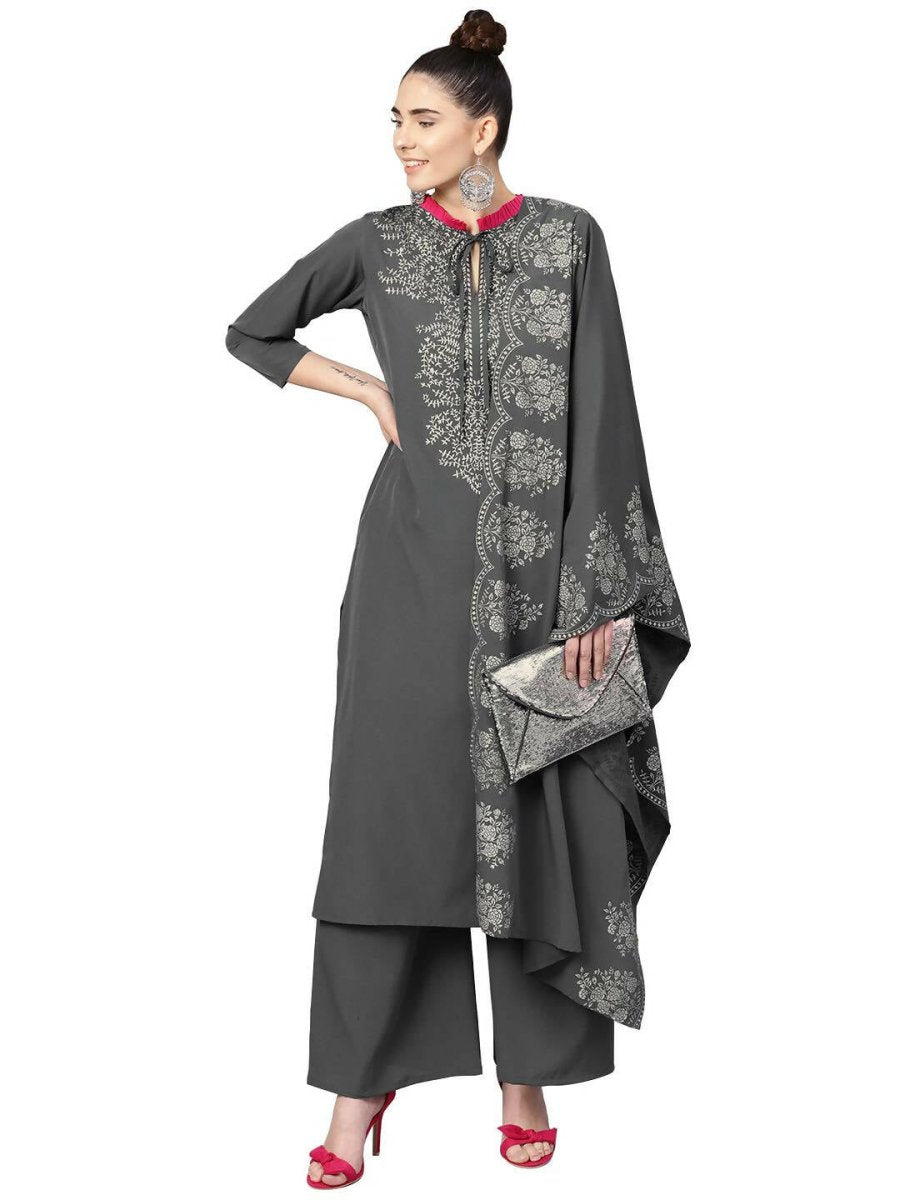 Ahalyaa Grey Crepe Printed Kurta Palazzo Set With Dupatta