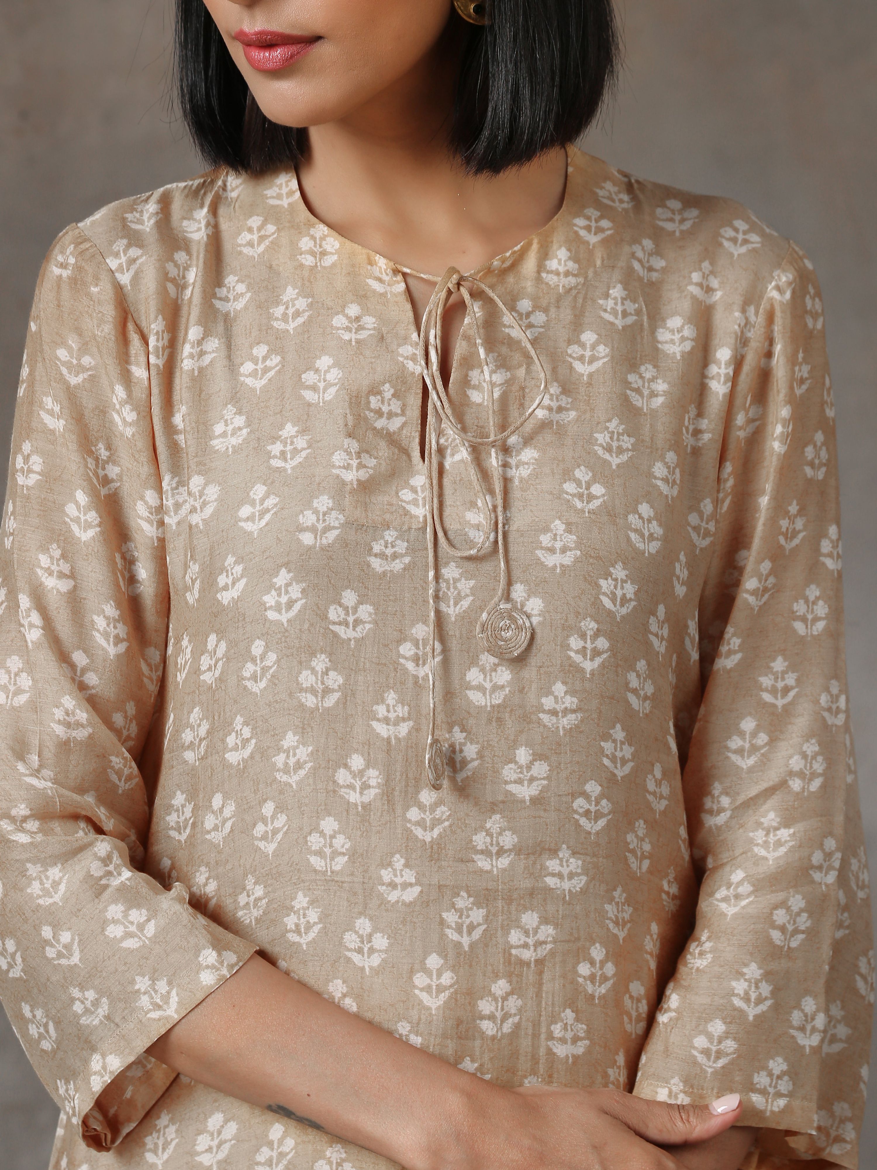 trueBrowns Beige White Printed Silk Co-Ord Set
