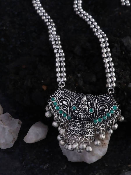 Mominos Fashion Johar Kamal Oxidised Laxmi Mata With Green Stones Long Necklace