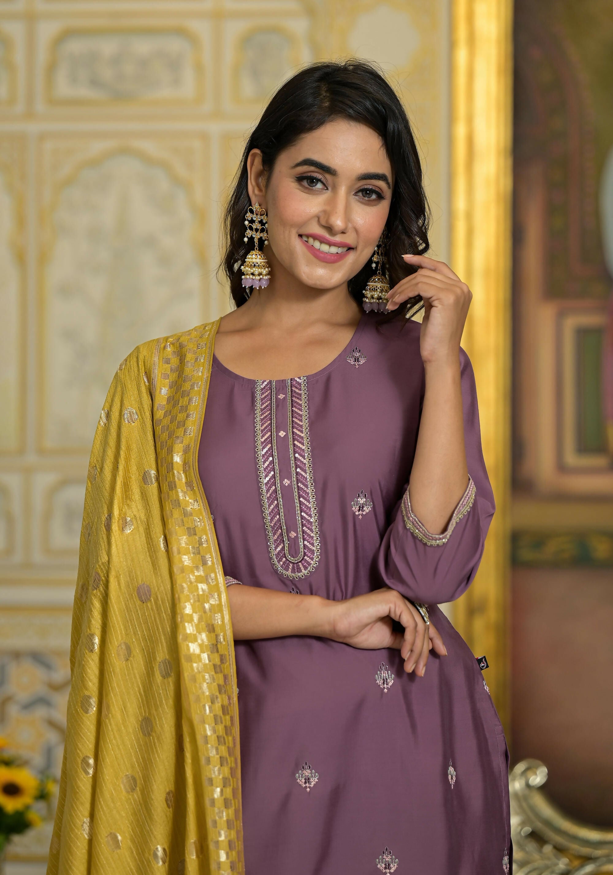 Juniper Women's Onion Pink Zari Embroidered Viscose Kurta Pant And Dupatta Set With Sequins Work