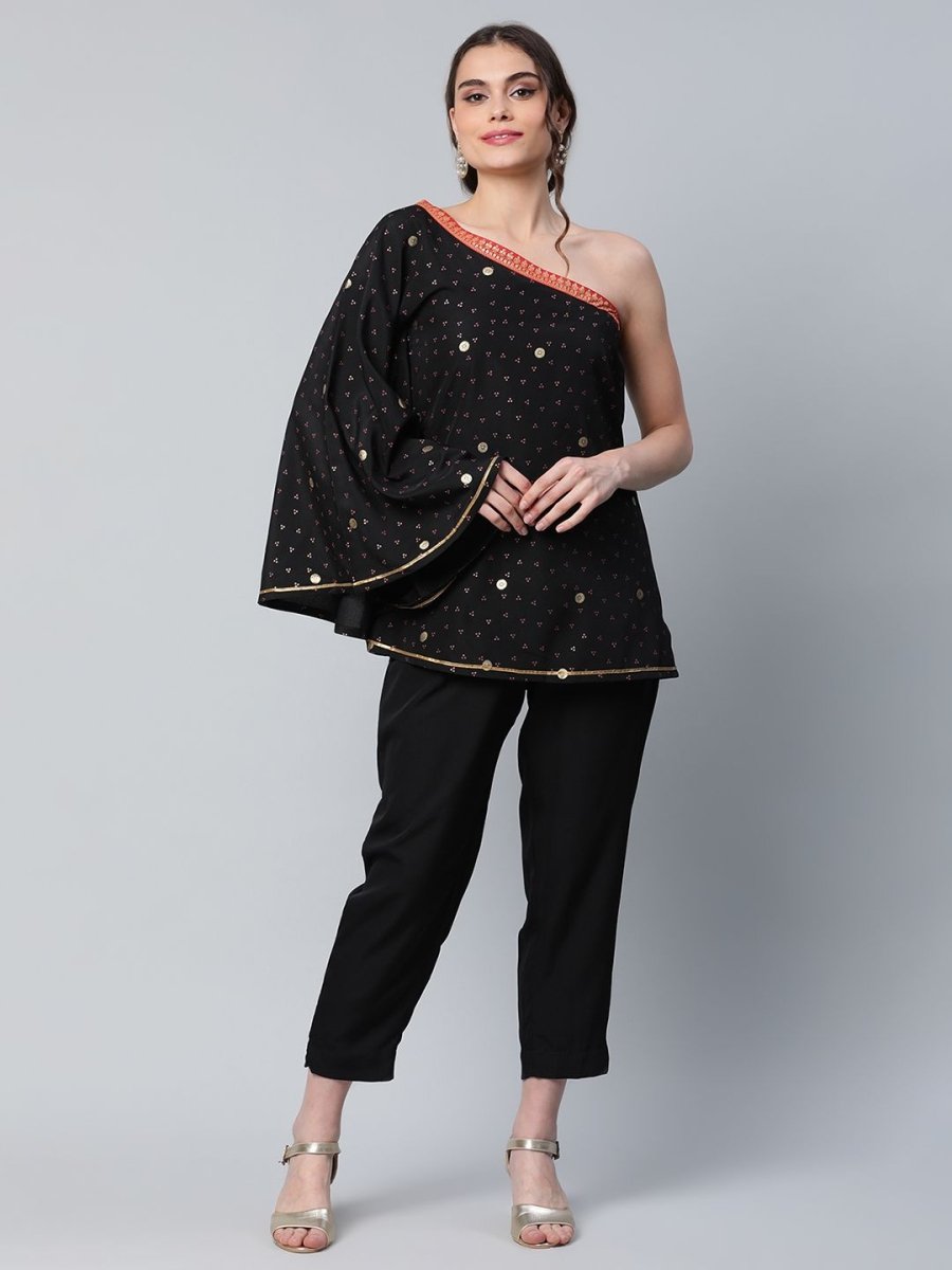 Ahalyaa Women Black Crepe Printed Top with Trouser Set