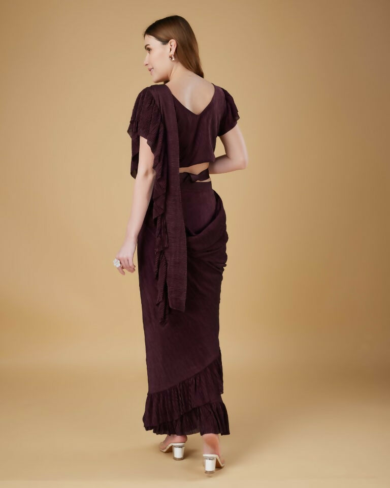 Wine Imported Crush Solid Ready to Wear Saree with stitched Blouse - Aayan