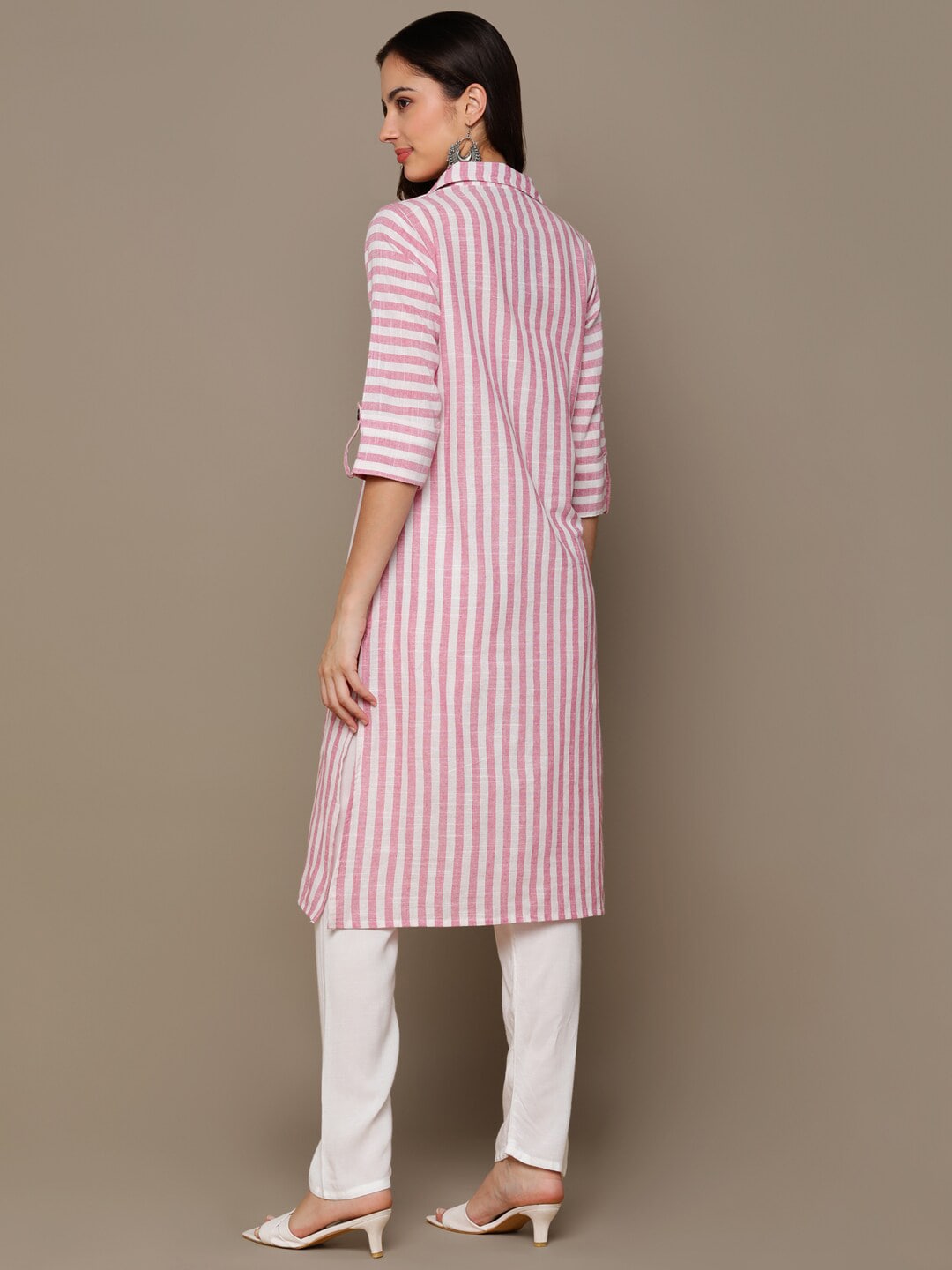 HERE&NOW Pink & White Shirt Collar Roll-Up Sleeves Striped Pure Cotton Straight Kurta