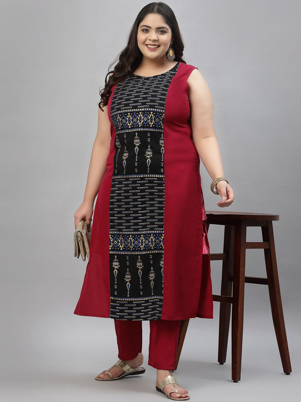 Sztori Plus Size Tribal Printed Regular Straight Kurta With Trousers