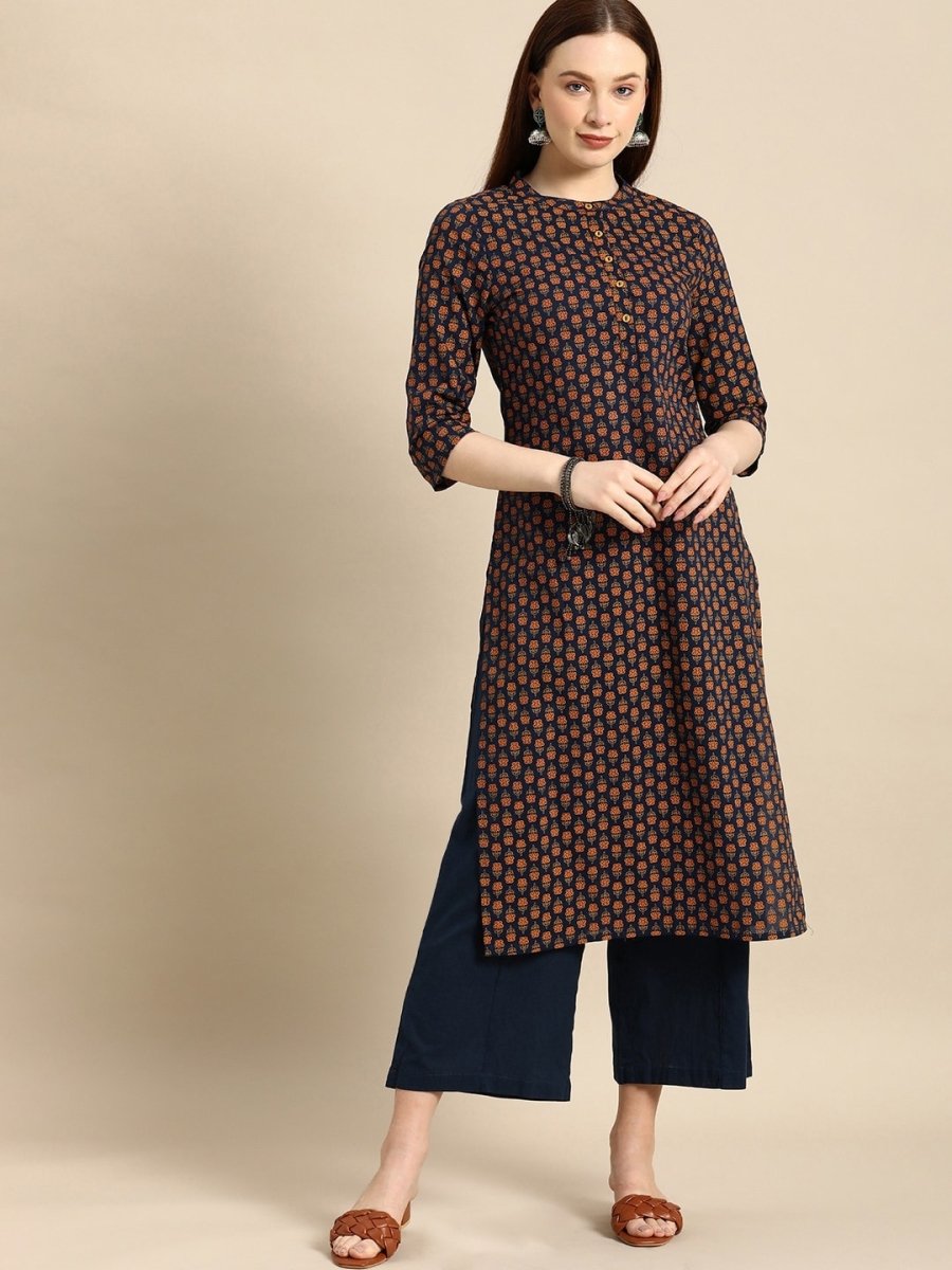All About You Women Navy Blue & Gold-Toned Ethnic Motifs Printed Regular Kurta