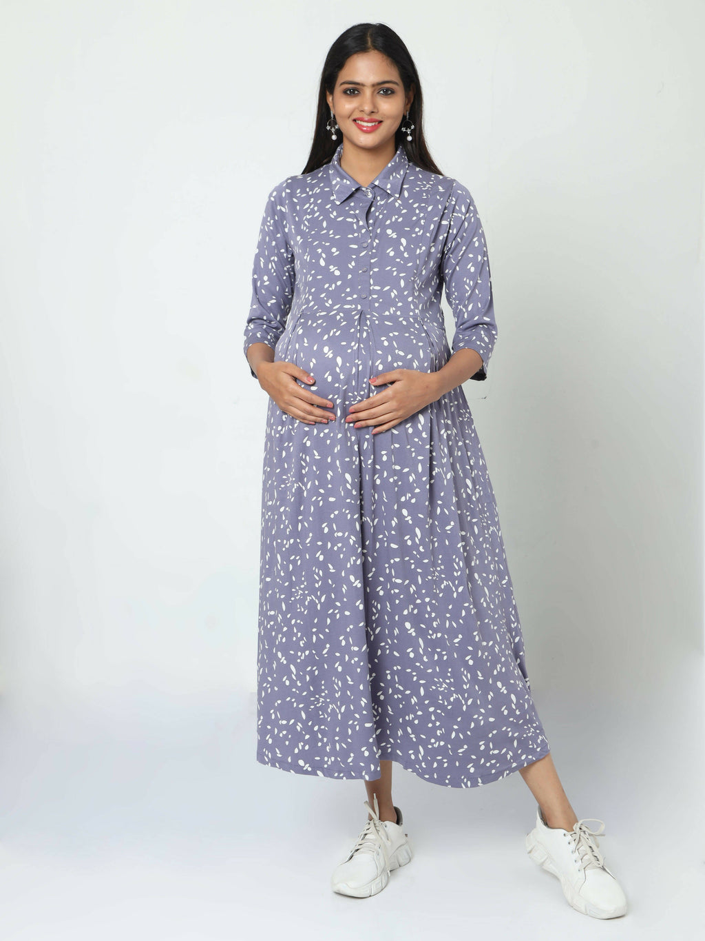 Manet Three Fourth Maternity Dress White Dot Print With Concealed Zipper Nursing Access - Blue