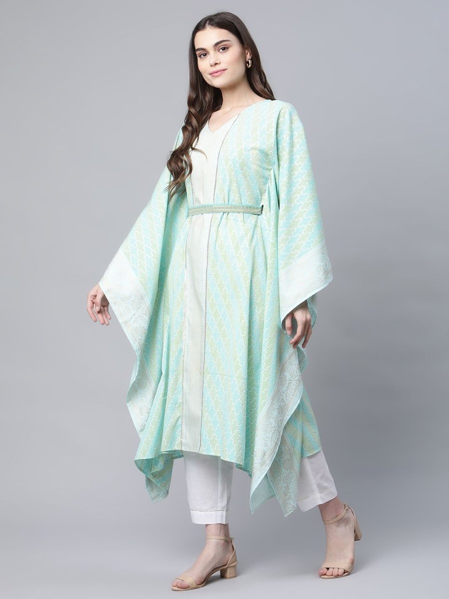Ahalyaa Women Sea Green Crepe Printed Kaftan Kurta