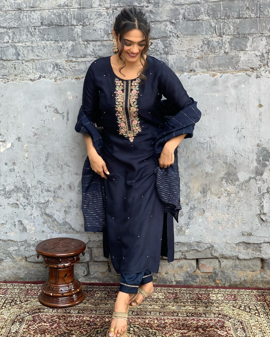 The52 Blue Women's Gorgeous Embroidered Viscose Chanderi Fabric Straight Kurta Pant with Dupatta Set