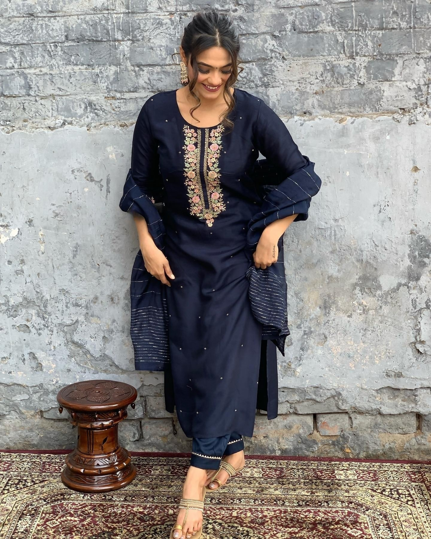 The52 Blue Women's Gorgeous Embroidered Viscose Chanderi Fabric Straight Kurta Pant with Dupatta Set