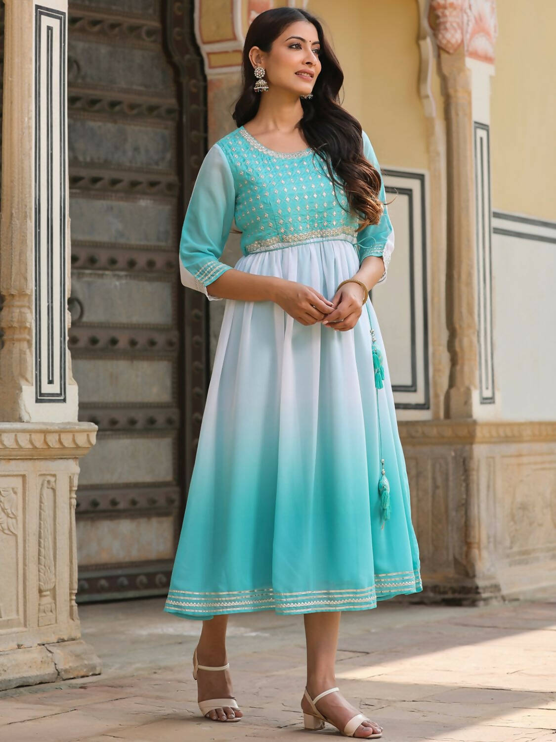 Juniper Women Teal Georgette Embroidered Maxi Dress