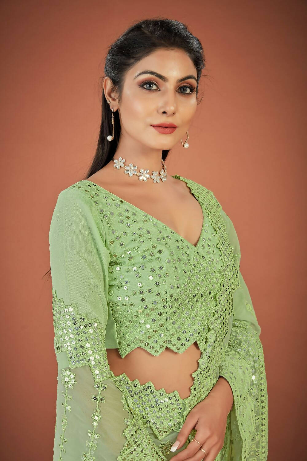 Vamsee Green Georgette Designer Saree