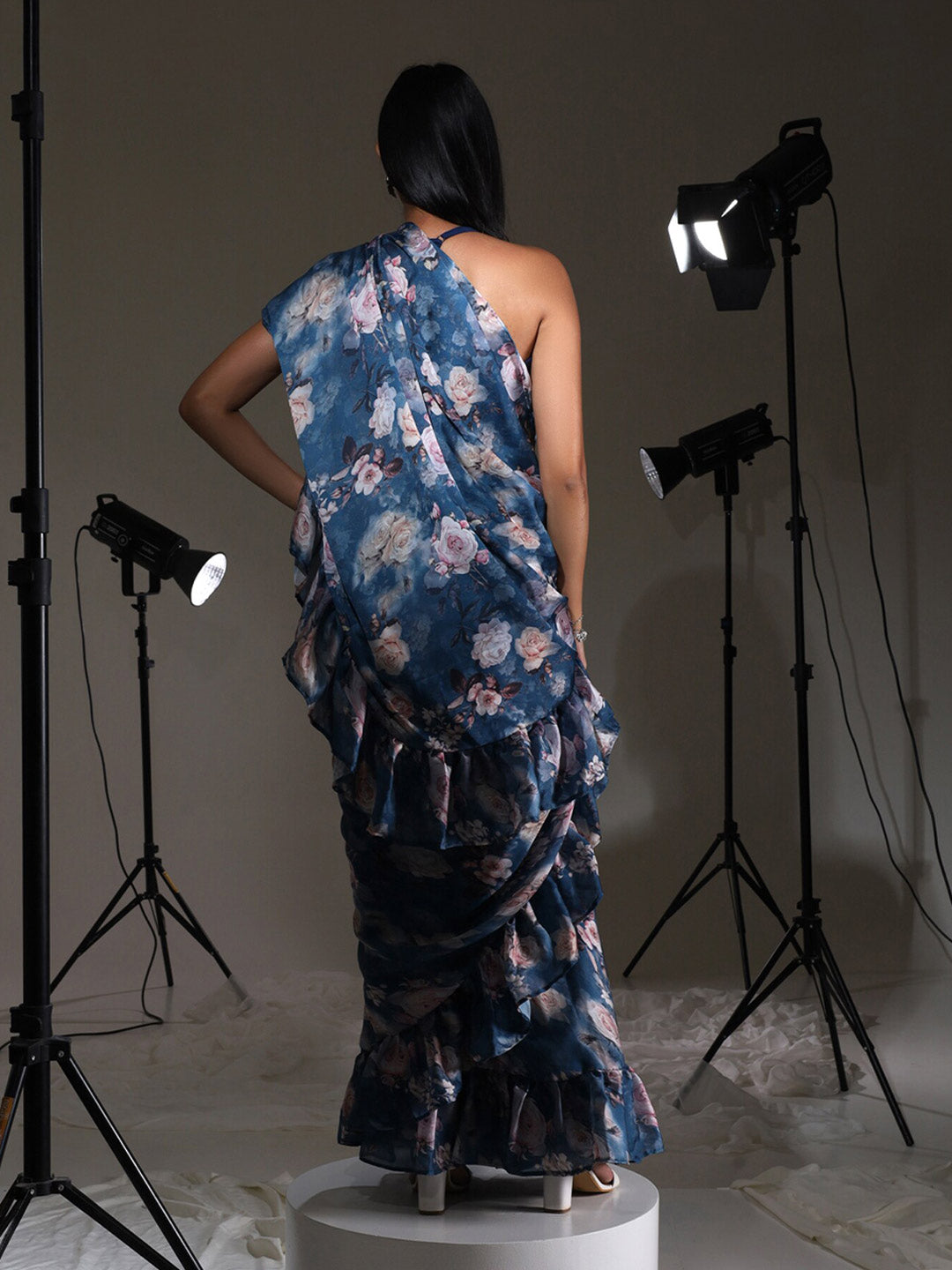 Tikhi Imli Blue Floral Printed Satin Ruffles Saree