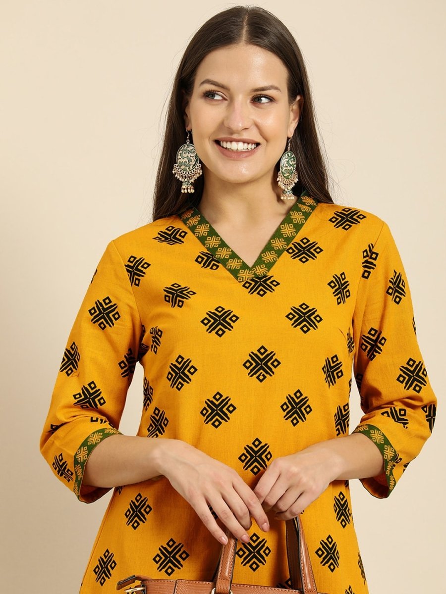 All About You Women Mustard Yellow Ethnic Motifs Printed Kurta with Green Printed Trousers