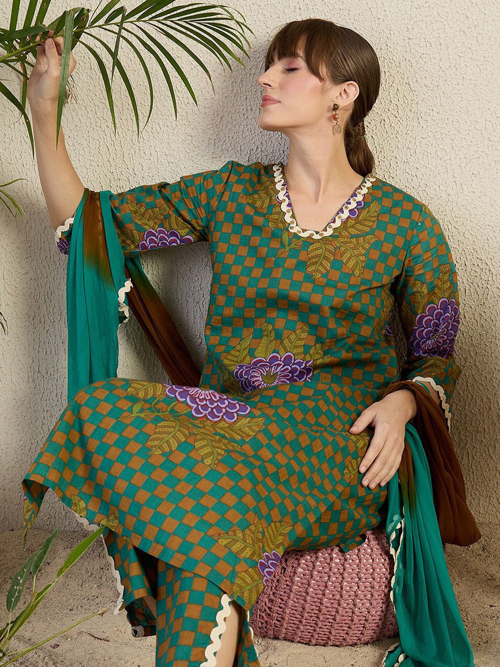 Indo Era Women Floral Printed Regular Beads and Stones Kurta with Trousers & With Dupatta