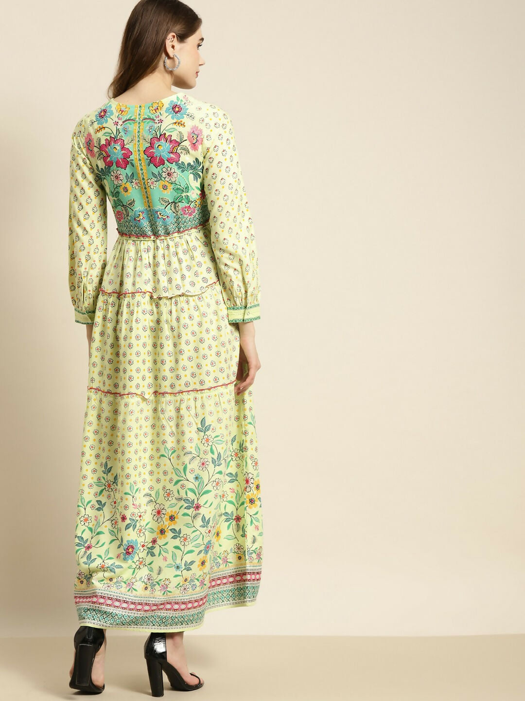 Juniper Lime Green Floral Printed Rayon Maxi Dress With Dori Tie-Up & Tassels On Waist