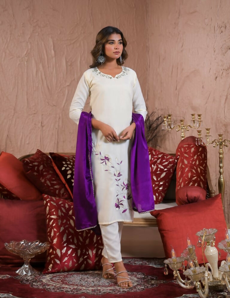 Festive Ethnic Viscose Rayon White Stitched Suit With Dupatta - Rashmika