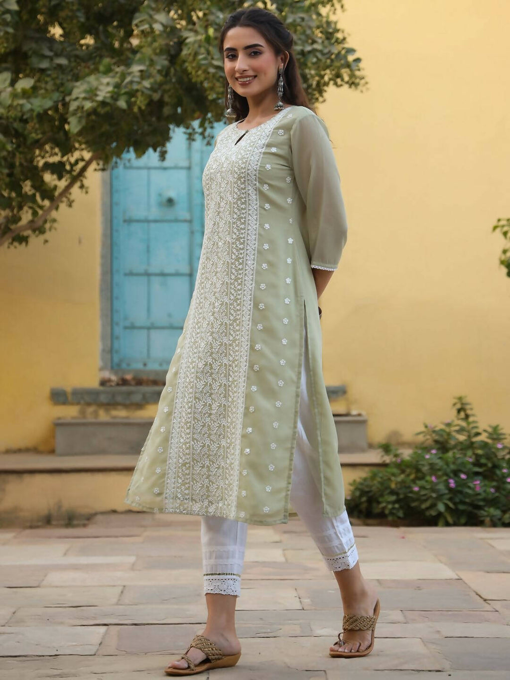 Juniper Women's Ltgreen Georgette Printed Kurta