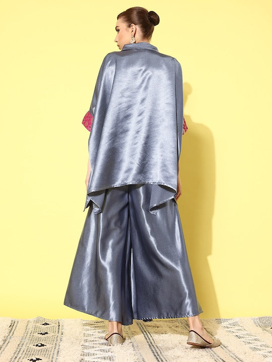InWeave Women's Grey Pink Brocade Satin Boho Kurta Palazzo Set