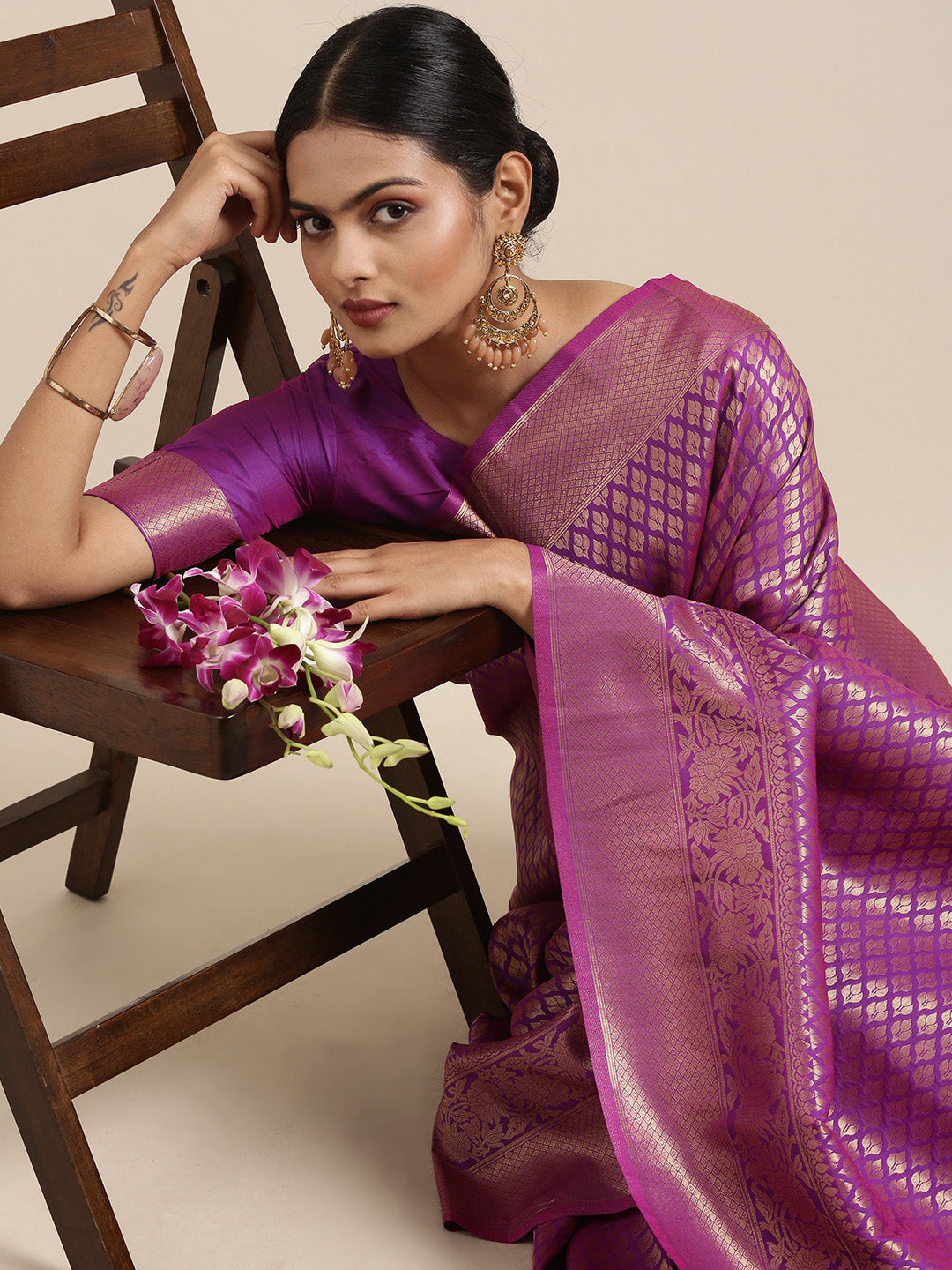 Saree Mall Purple Ethnic Motifs Zari Silk Blend Banarasi Saree