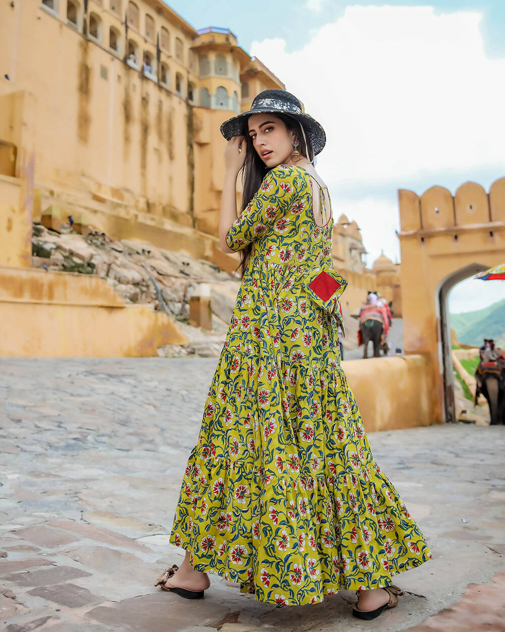 Designer Partywear Printed Yellow Pure Maslin Gown - Anbazaar