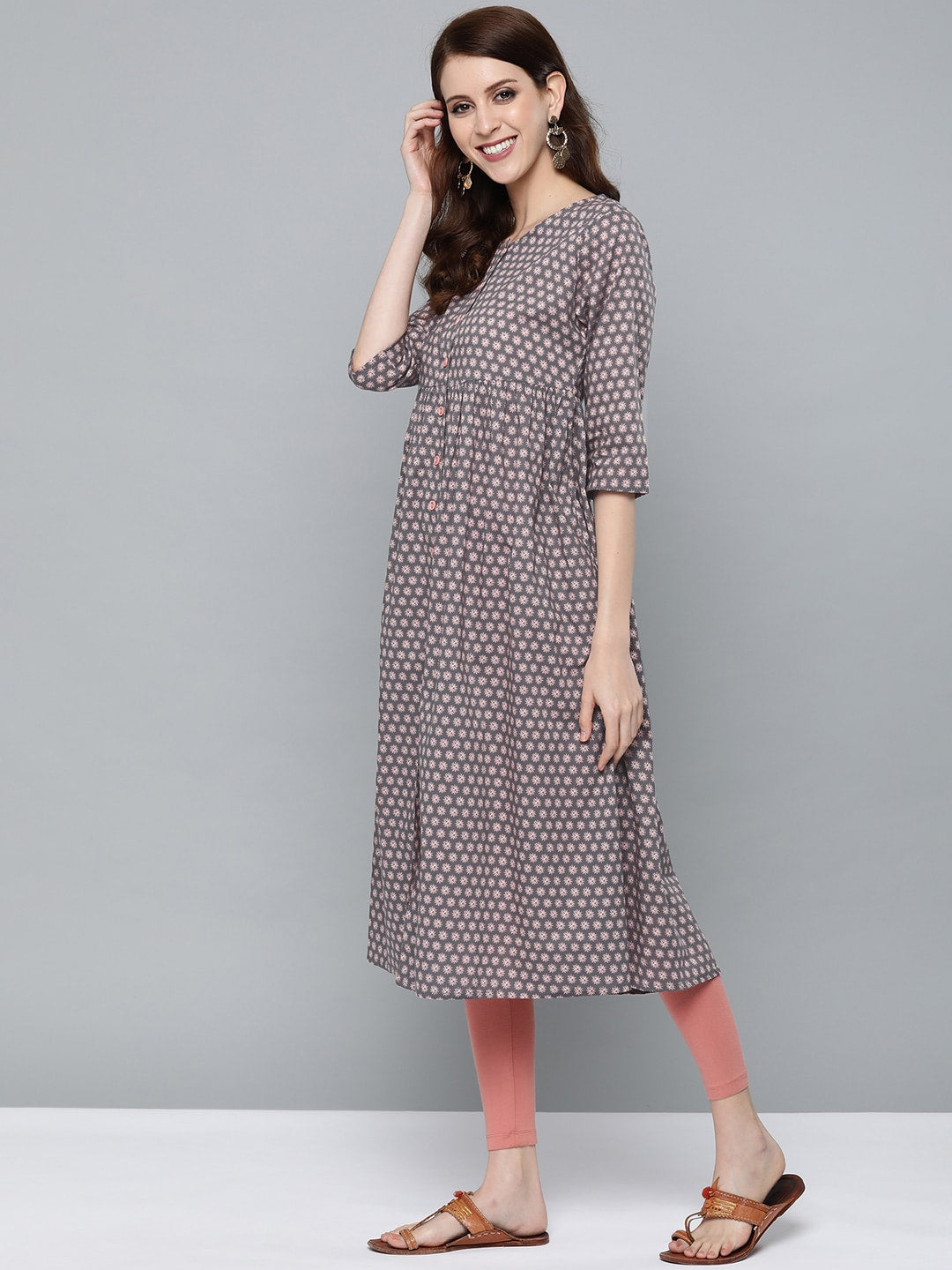 HERE&NOW Women Grey & Pink Floral Print Empire A-Line Kurta