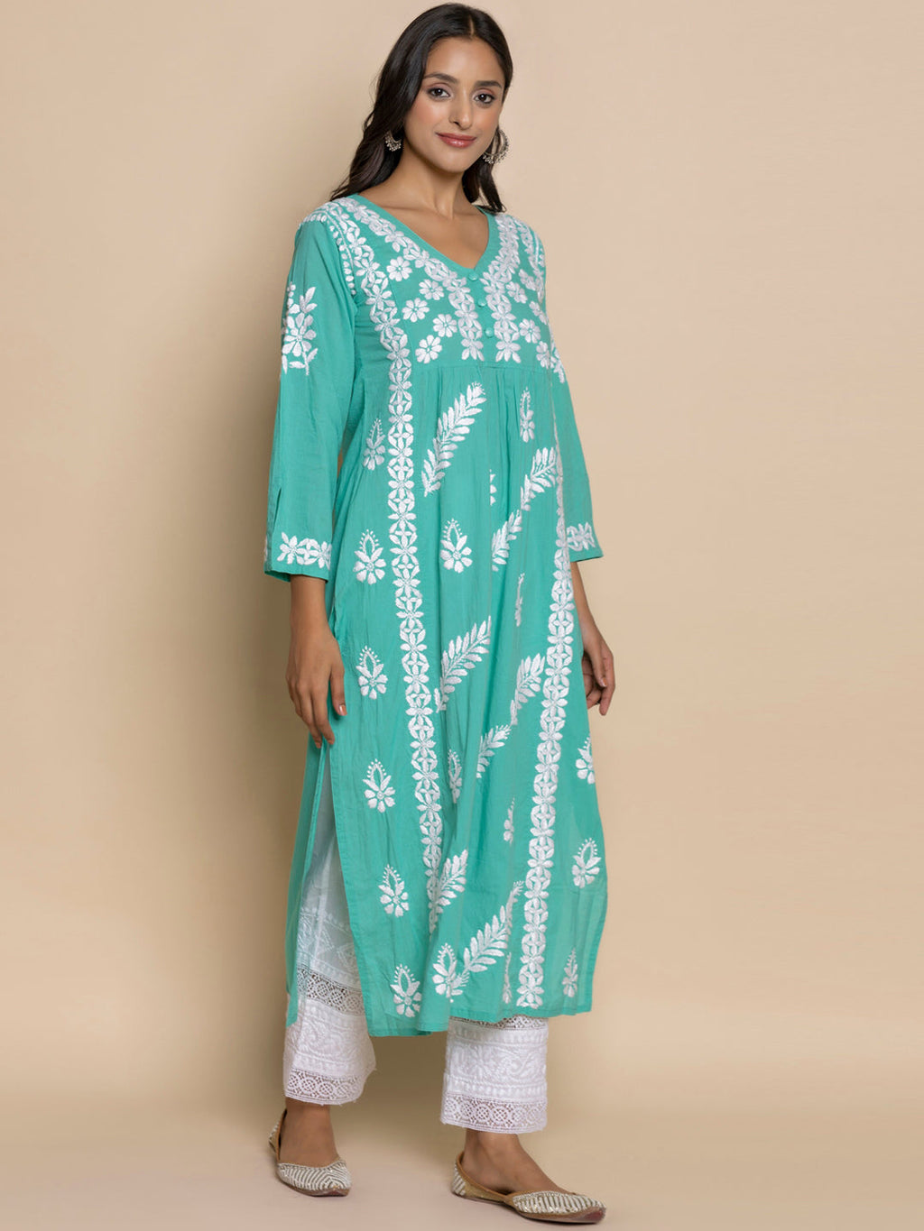 HOUSE OF KARI Floral Embroidered Chikankari Cotton A-Line Kurta