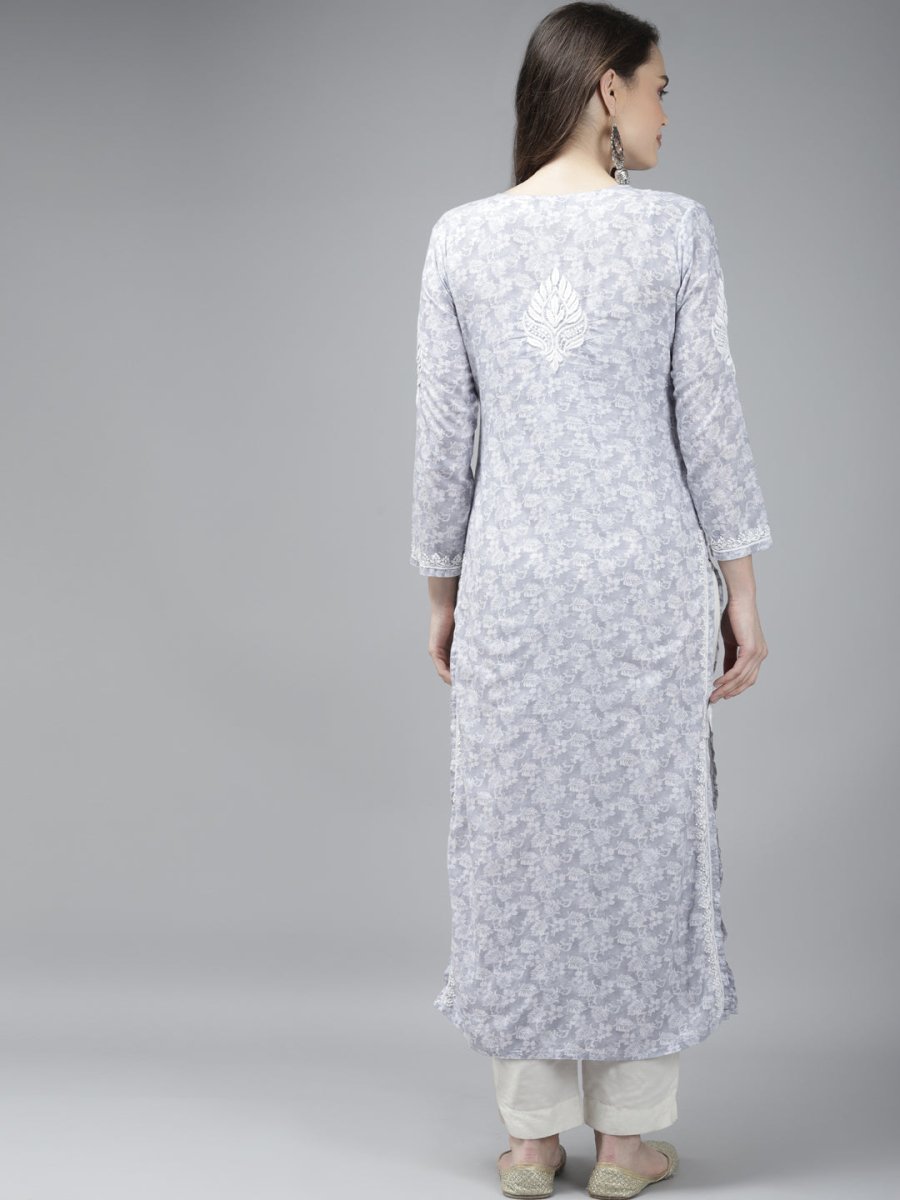 ADA Women Grey & White Floral Chikankari Cotton Handloom Kurta
