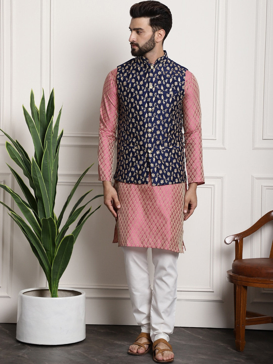 Sojanya Woven Design Mandarin Collar Kurta with Churidar & Nehru Jacket
