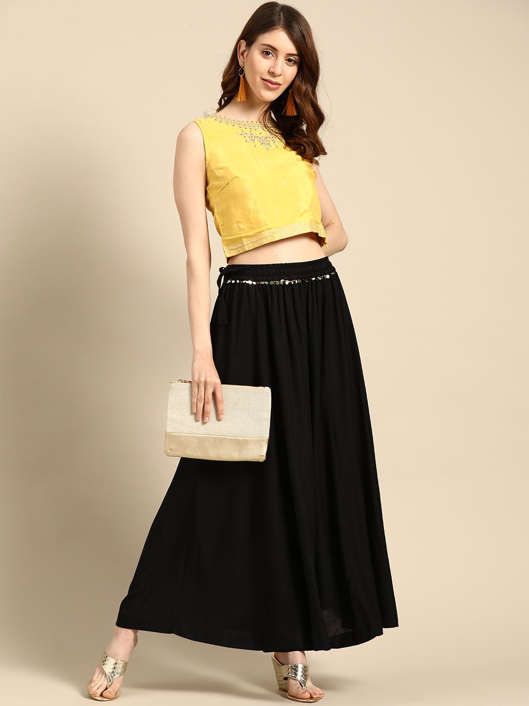 TAG 7 Women Black & Maroon Solid Flared Palazzos