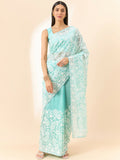 Blue Organza Paisely Embroidered Saree with Unstitched Blouse Piece - Roozal