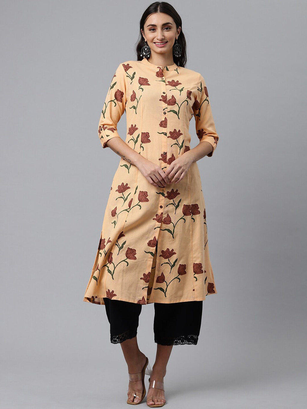 HERE&NOW Women Orange & Brown Floral Printed A-Line Kurta
