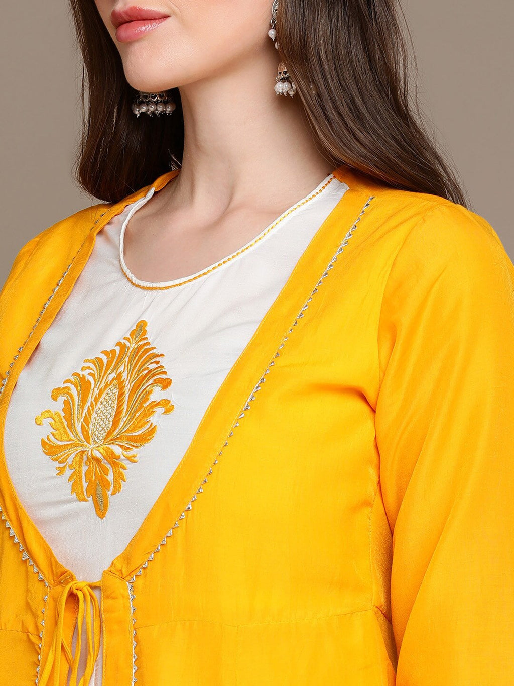 HERE&NOW Round Neck Embroidered Yoke Design Gotta Patti Layered Pure Cotton A-Line Kurta
