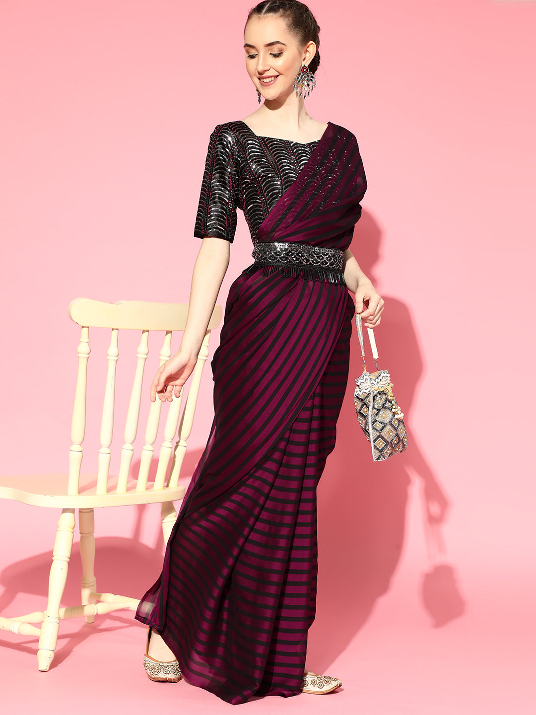 Saree Mall Burgundy Striped Poly Georgette Party Wear Saree with Matching Blouse