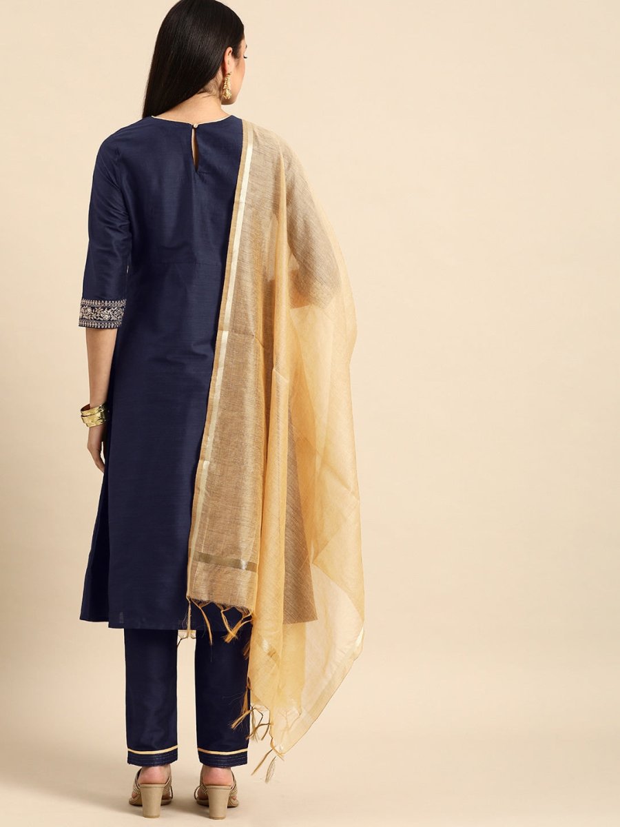 All About You Women Navy Blue Embroidered Kurta with Trousers & With Dupatta