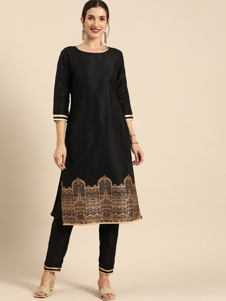 All About You Women Black & Gold Printed Regular Kurta with Trousers
