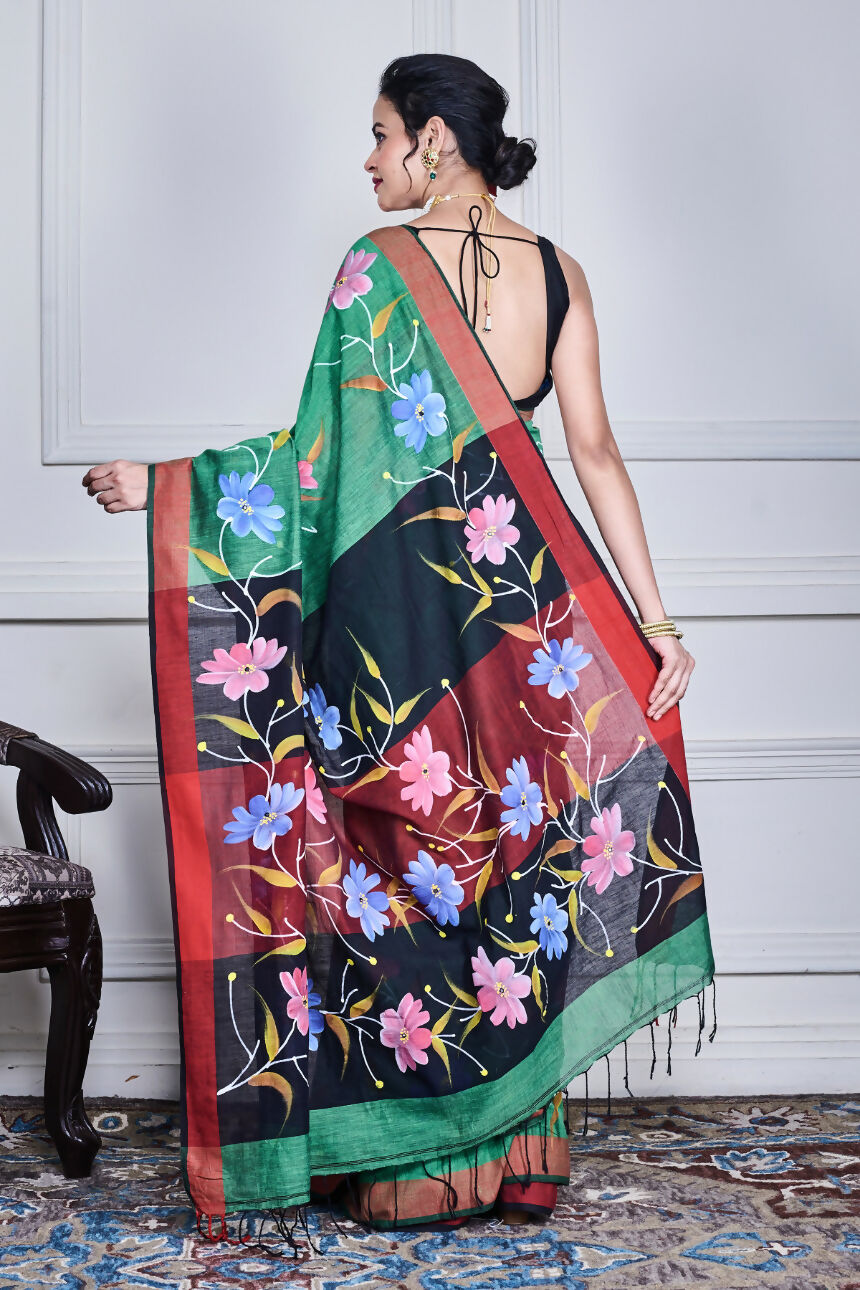 Morchari Multicolour Cotton Handloom Mirror Work Saree Unstitched Blouse