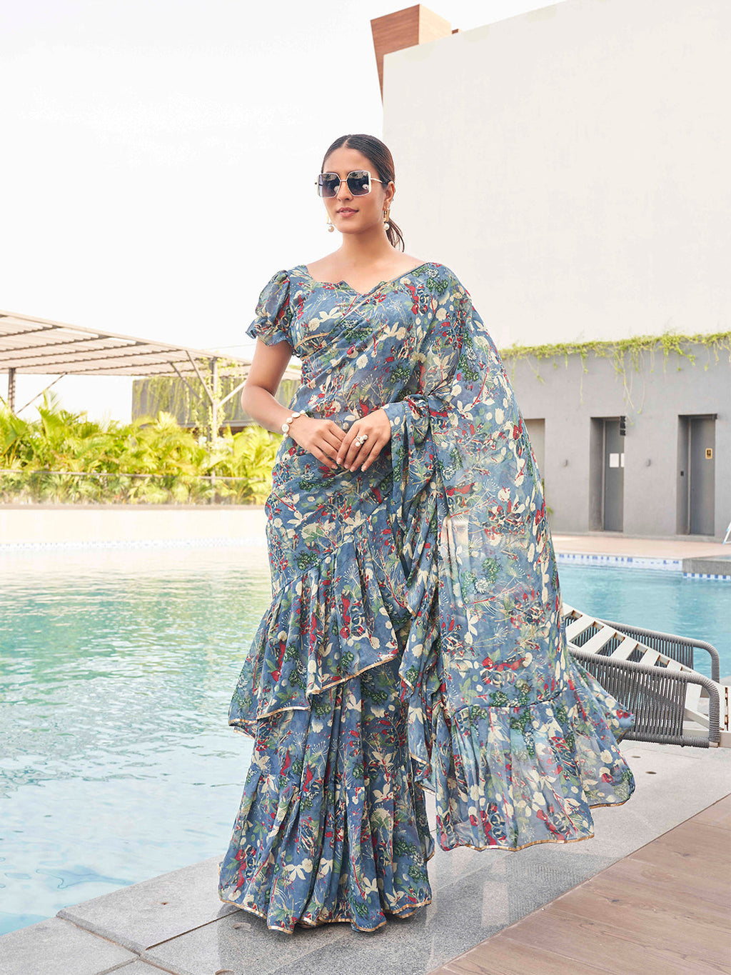 Tikhi Imli Floral printed ruffled saree