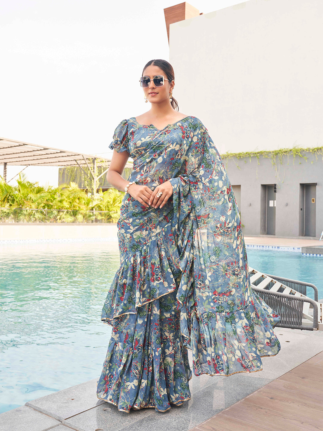 Tikhi Imli Floral printed ruffled saree
