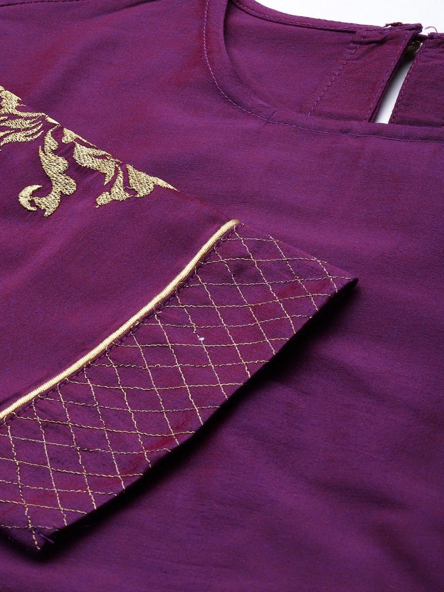 All About You Women Purple Zari Embroidered Regular Kurta with Trousers & Dupatta