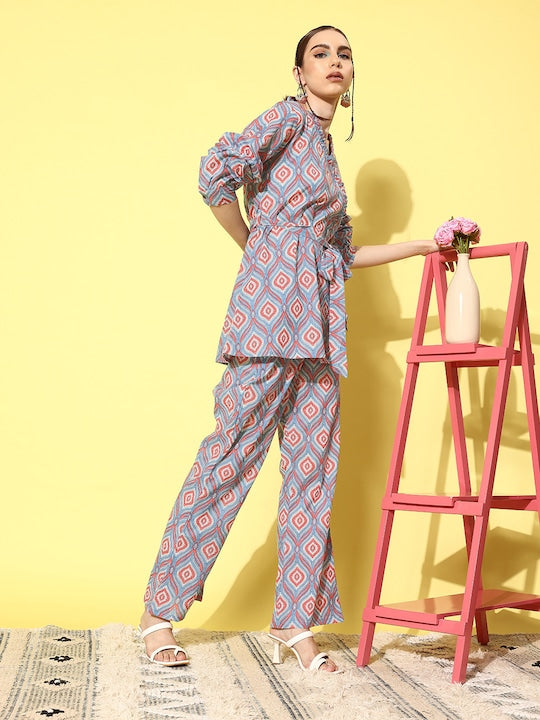 InWeave Women's Blue Pink Ogee Print Belted Coord Set