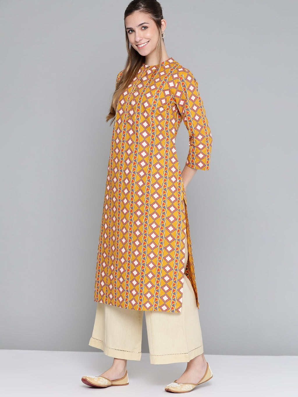 HERE&NOW Women Mustard Yellow & Cream Pure Cotton Geometric Printed Kurta
