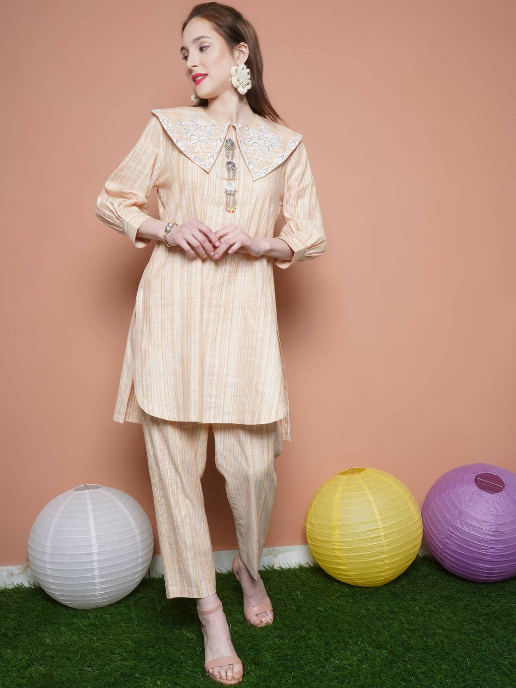 Women Republic Beige Striped Kurta Set