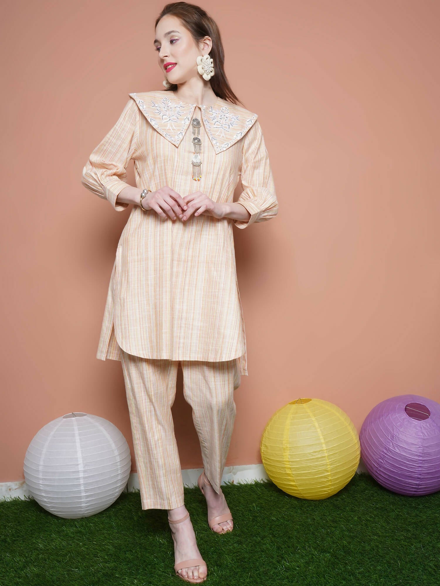 Women Republic Beige Striped Kurta Set