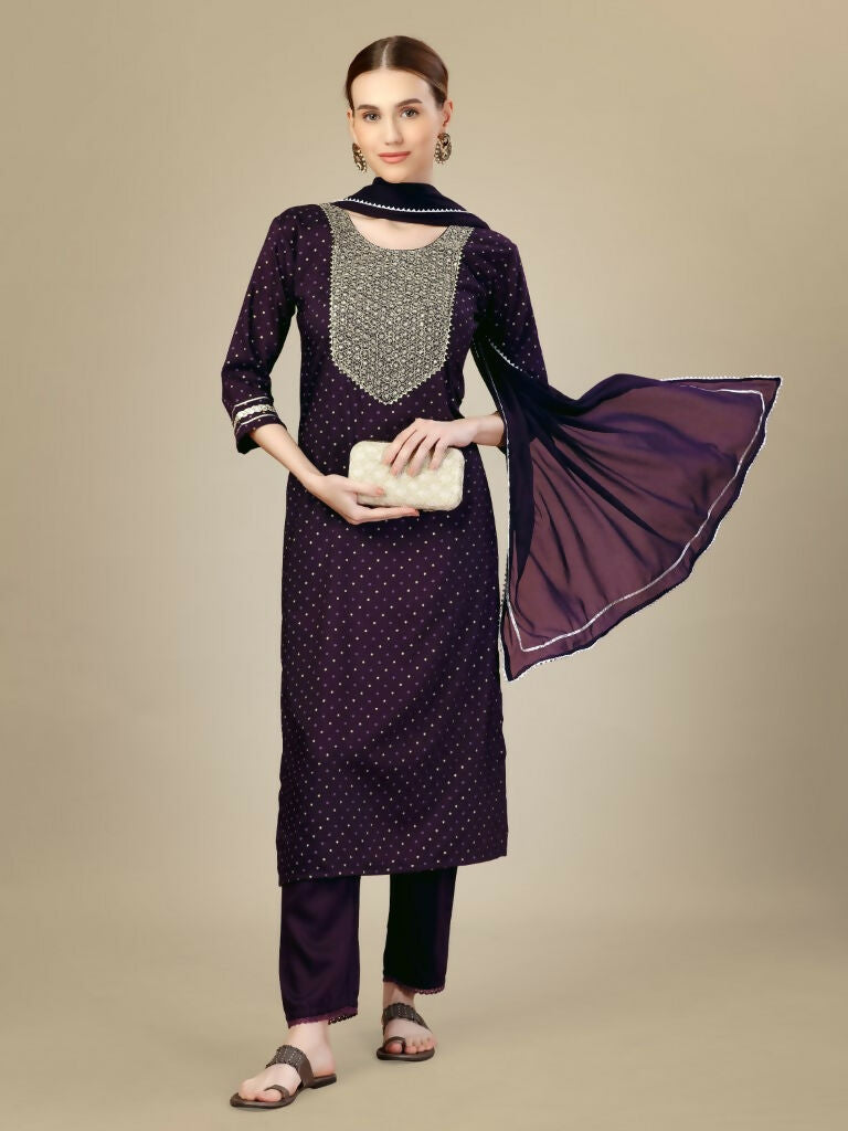 Jyoti Fashion Women's Purple Silk Blend Embroidery & Sequence work Kurta with Trouser & Dupatta
