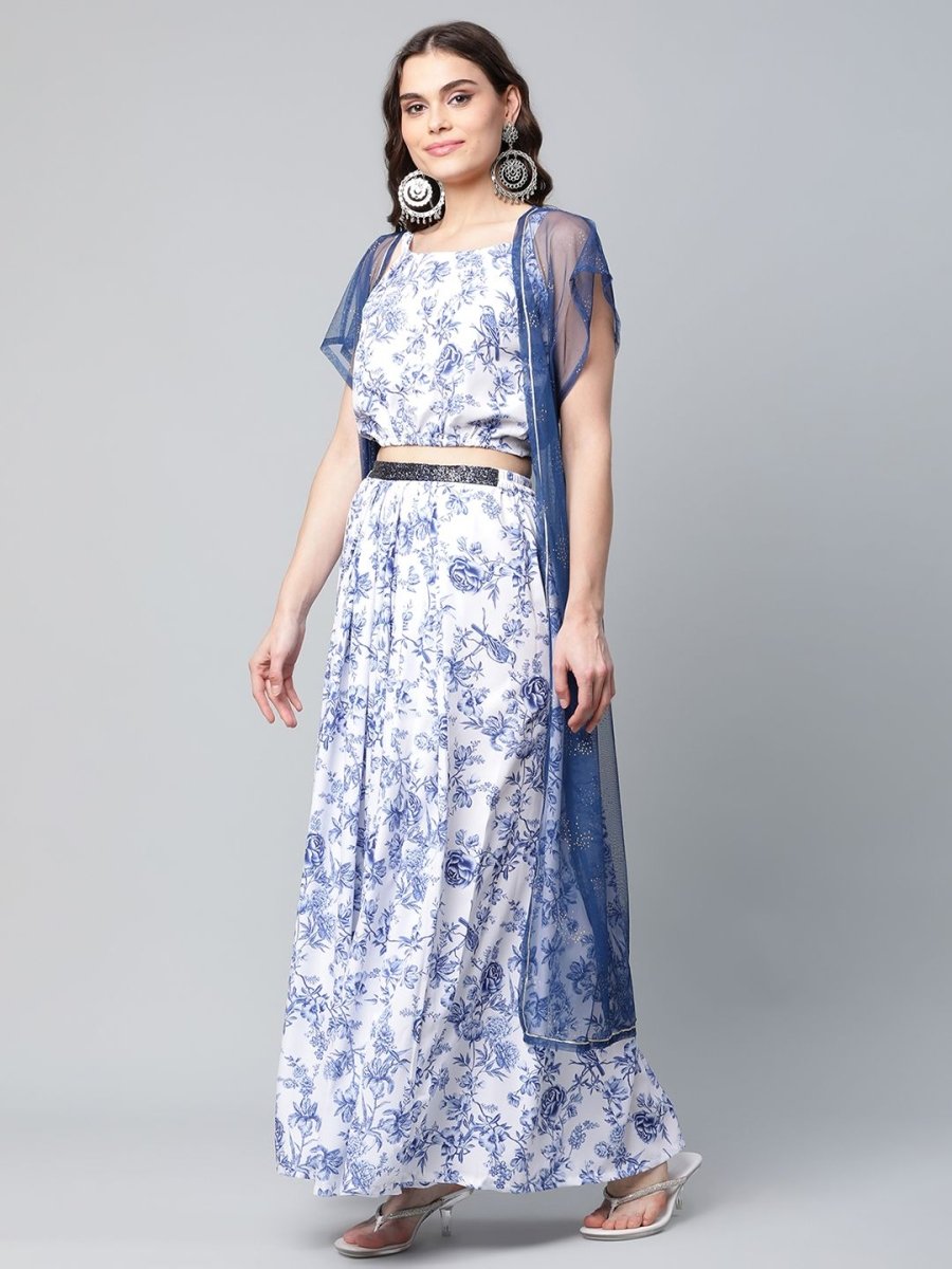 Ahalyaa Women Blue Crepe Printed Top with Skirt with Net Overlay