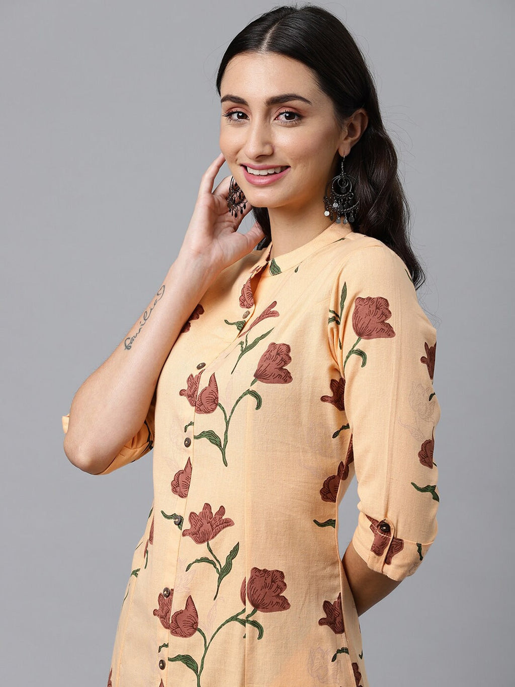 HERE&NOW Women Orange & Brown Floral Printed A-Line Kurta
